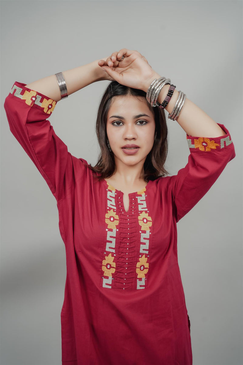 Miramaar Women's Red Cotton Embroidered Round Neck Solid Kurta Set