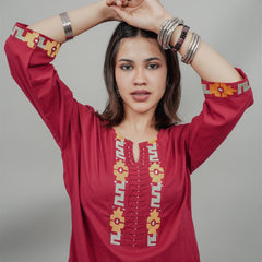 Miramaar Women's Red Cotton Embroidered Round Neck Solid Kurta Set