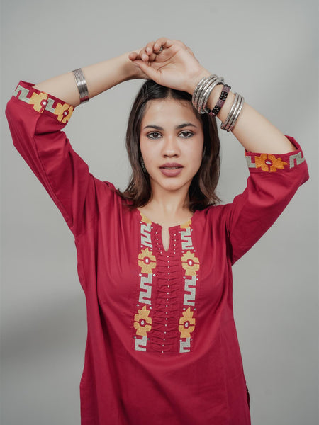 Miramaar Women's Red Cotton Embroidered Round Neck Solid Kurta Set