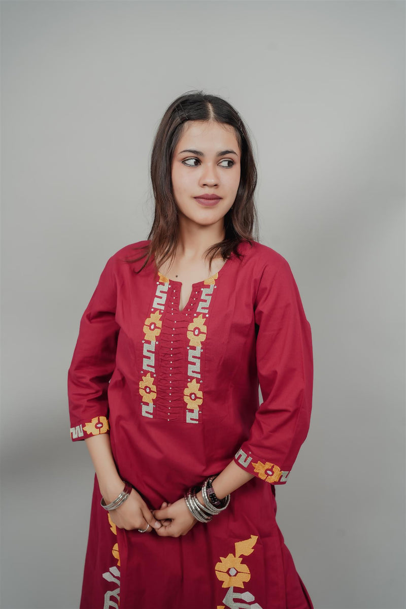 Miramaar Women's Red Cotton Embroidered Round Neck Solid Kurta Set