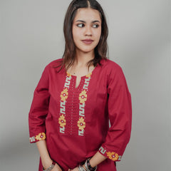 Miramaar Women's Red Cotton Embroidered Round Neck Solid Kurta Set