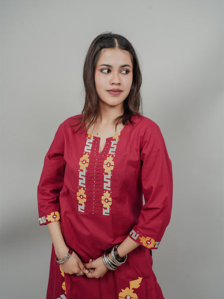 Miramaar Women's Red Cotton Embroidered Round Neck Solid Kurta Set