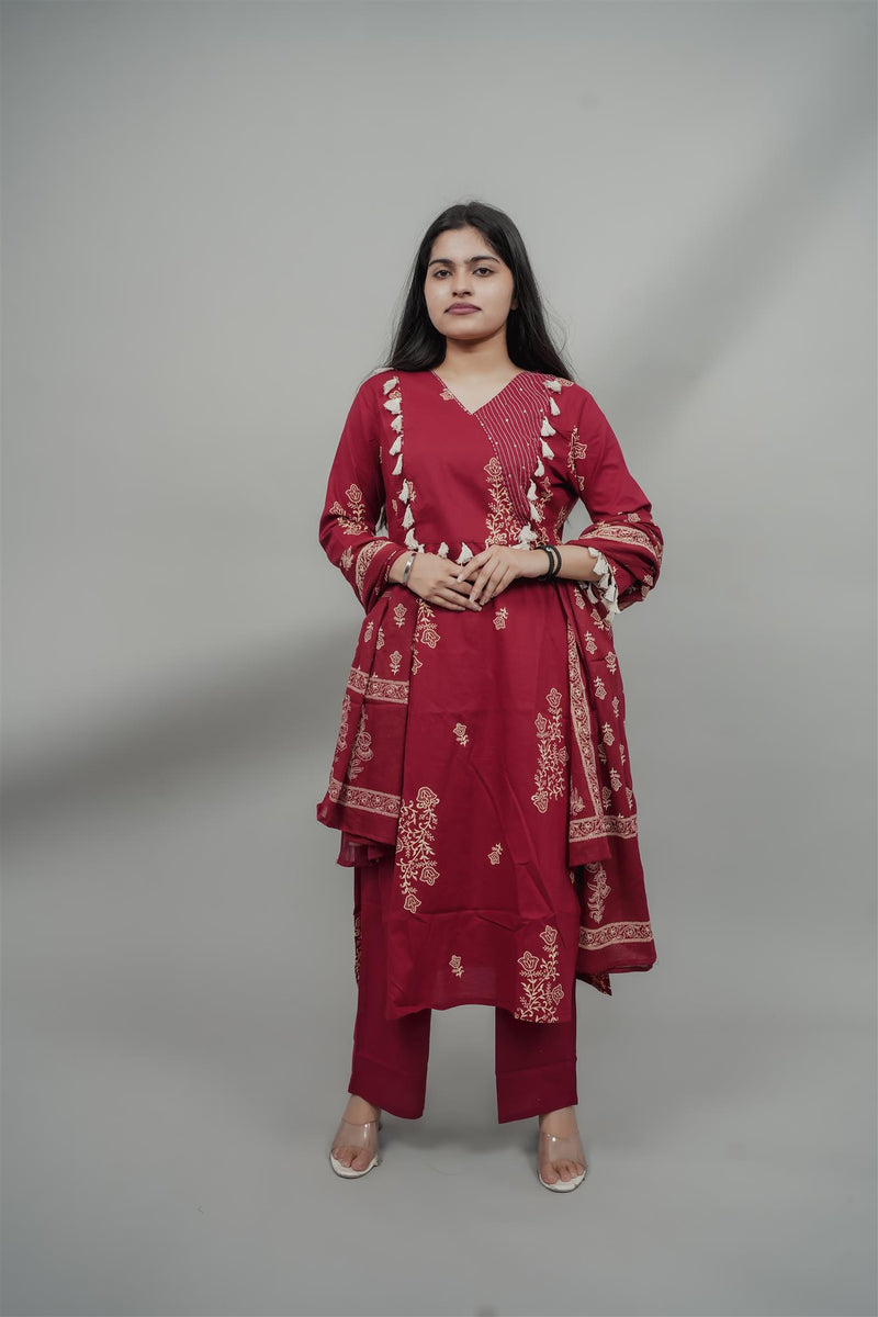 Miramaar Women's Maroon Straight Adda Work Kurta Dupatta Set