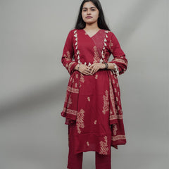 Miramaar Women's Maroon Straight Adda Work Kurta Dupatta Set
