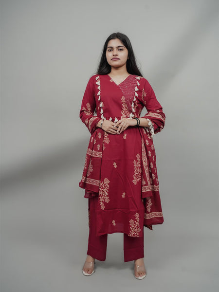 Miramaar Women's Maroon Straight Adda Work Kurta Dupatta Set