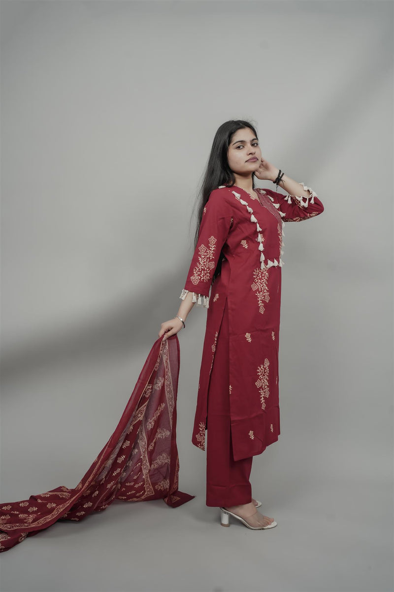 Miramaar Women's Maroon Straight Adda Work Kurta Dupatta Set