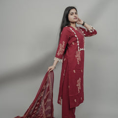 Miramaar Women's Maroon Straight Adda Work Kurta Dupatta Set