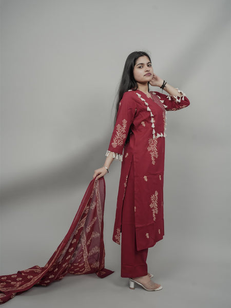 Miramaar Women's Maroon Straight Adda Work Kurta Dupatta Set