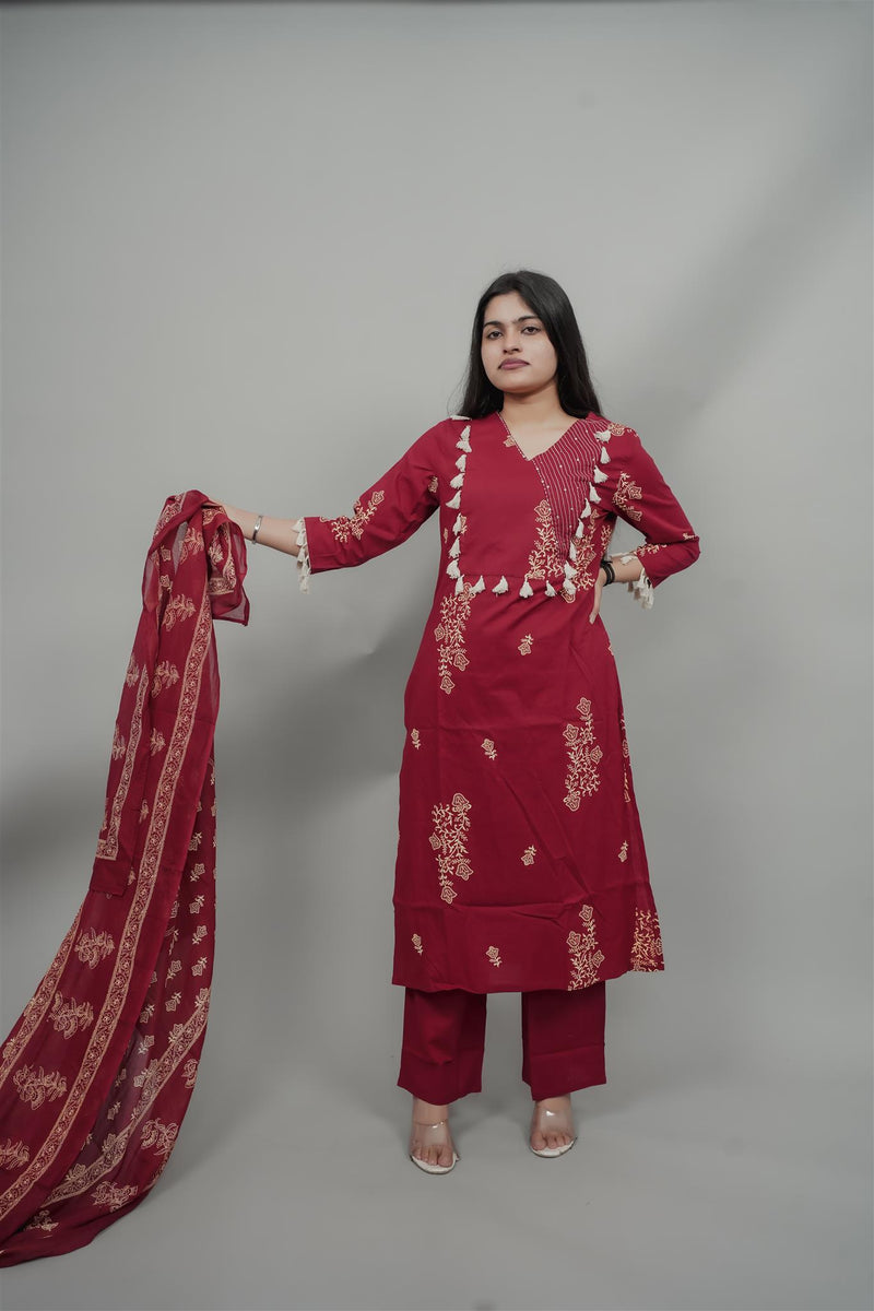 Miramaar Women's Maroon Straight Adda Work Kurta Dupatta Set