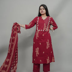 Miramaar Women's Maroon Straight Adda Work Kurta Dupatta Set