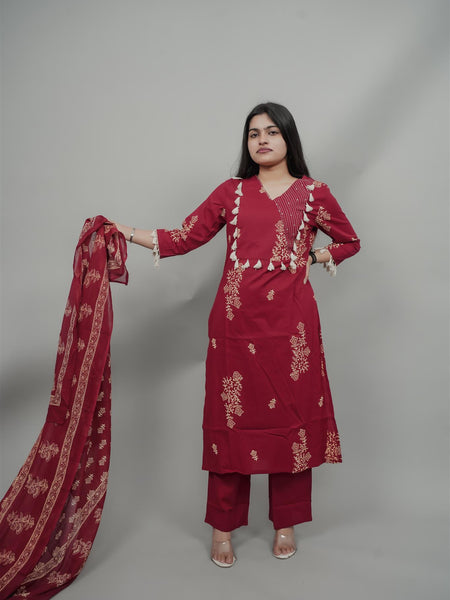 Miramaar Women's Maroon Straight Adda Work Kurta Dupatta Set