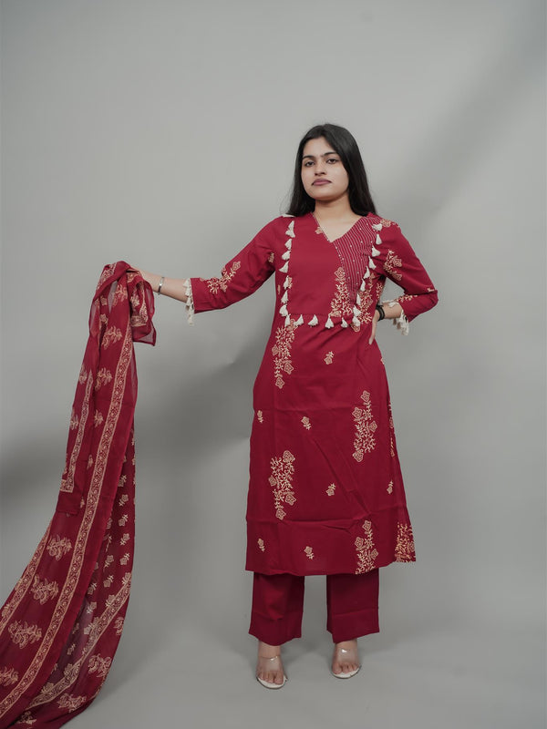 Miramaar Women's Maroon Straight Adda Work Kurta Dupatta Set