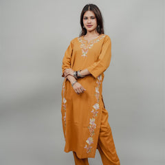 Miramaar Women's Yellow Cotton Embroidered Round Neck Solid Kurta Set