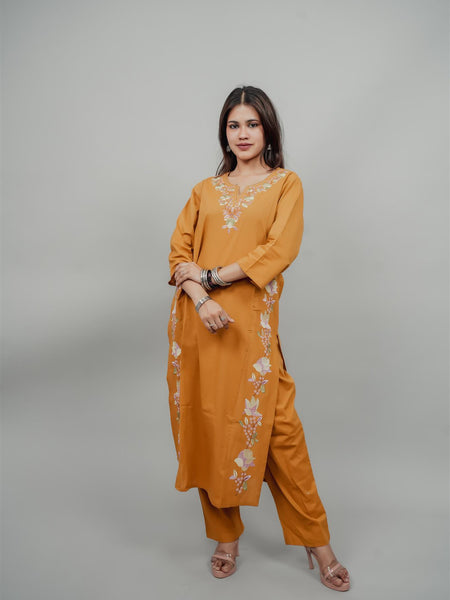 Miramaar Women's Yellow Cotton Embroidered Round Neck Solid Kurta Set
