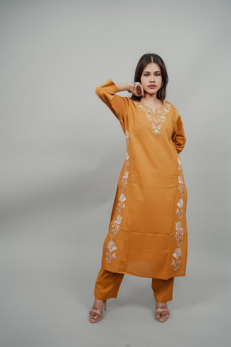 Miramaar Women's Yellow Cotton Embroidered Round Neck Solid Kurta Set