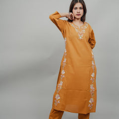 Miramaar Women's Yellow Cotton Embroidered Round Neck Solid Kurta Set