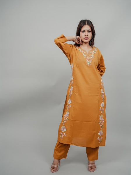 Miramaar Women's Yellow Cotton Embroidered Round Neck Solid Kurta Set