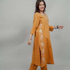 Miramaar Women's Yellow Cotton Embroidered Round Neck Solid Kurta Set