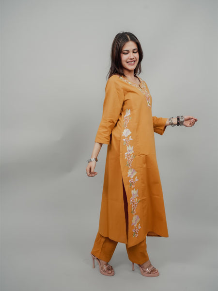Miramaar Women's Yellow Cotton Embroidered Round Neck Solid Kurta Set