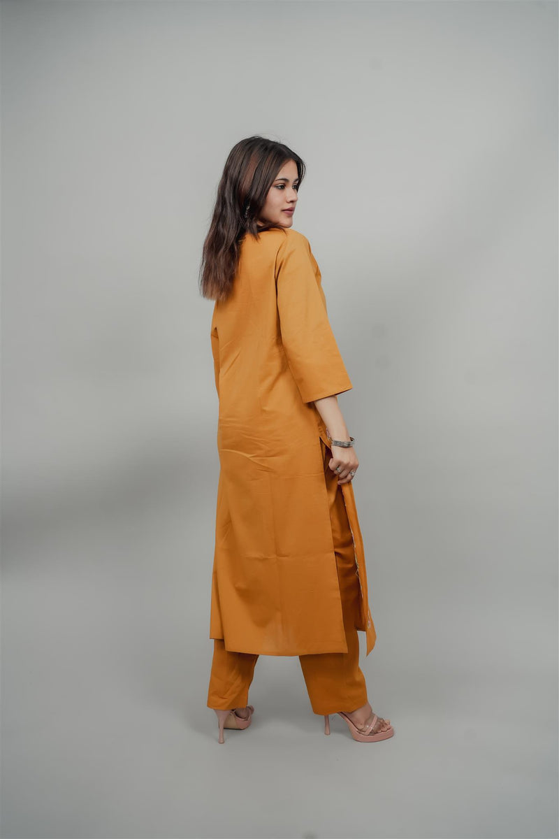 Miramaar Women's Yellow Cotton Embroidered Round Neck Solid Kurta Set