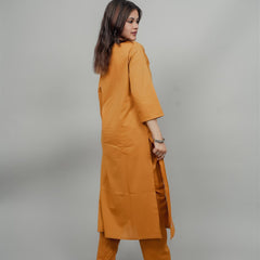 Miramaar Women's Yellow Cotton Embroidered Round Neck Solid Kurta Set