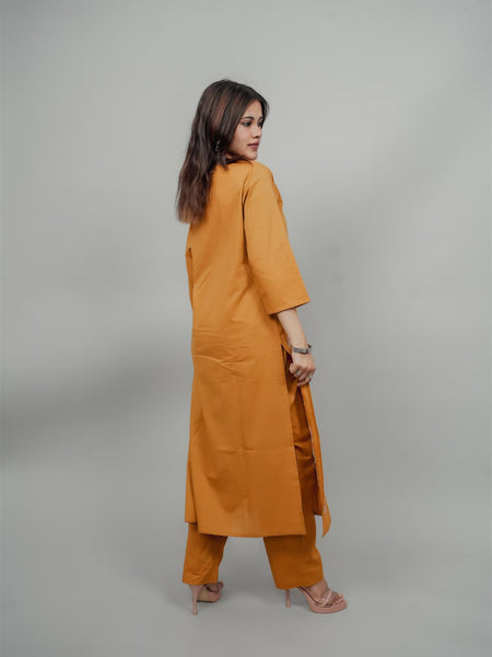 Miramaar Women's Yellow Cotton Embroidered Round Neck Solid Kurta Set