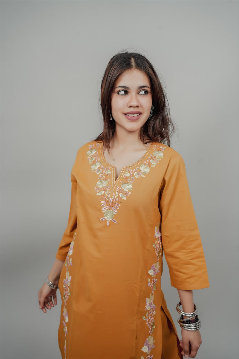 Miramaar Women's Yellow Cotton Embroidered Round Neck Solid Kurta Set