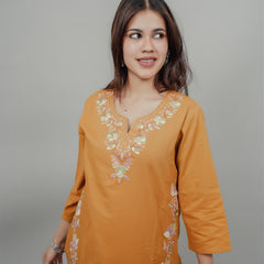 Miramaar Women's Yellow Cotton Embroidered Round Neck Solid Kurta Set