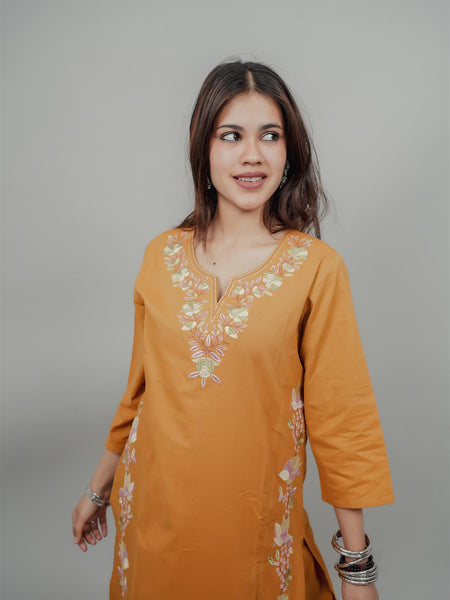 Miramaar Women's Yellow Cotton Embroidered Round Neck Solid Kurta Set