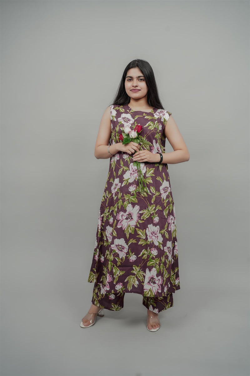 Miramaar Women's Mauve Cotton Round Neck Floral Co-ords
