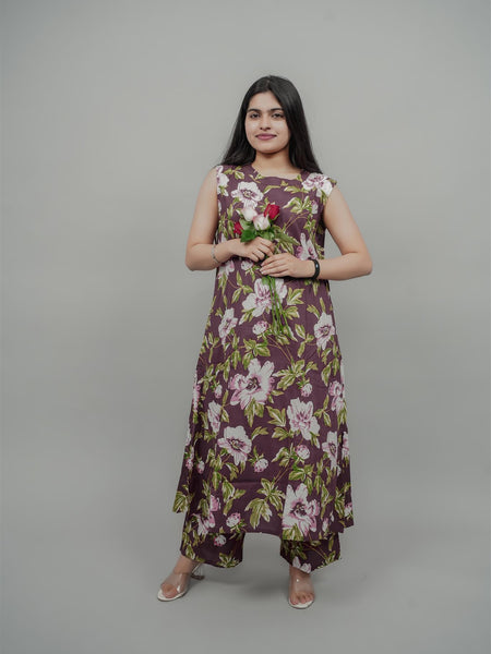 Miramaar Women's Mauve Cotton Round Neck Floral Co-ords