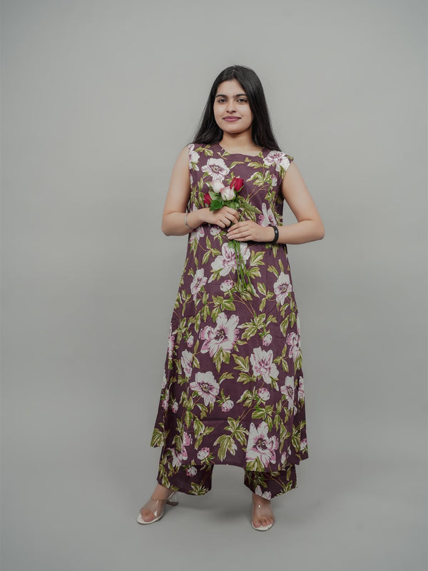 Miramaar Women's Mauve Cotton Round Neck Floral Co-ords