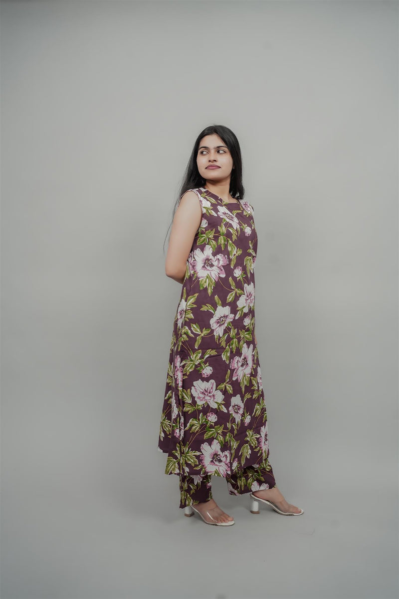 Miramaar Women's Mauve Cotton Round Neck Floral Co-ords