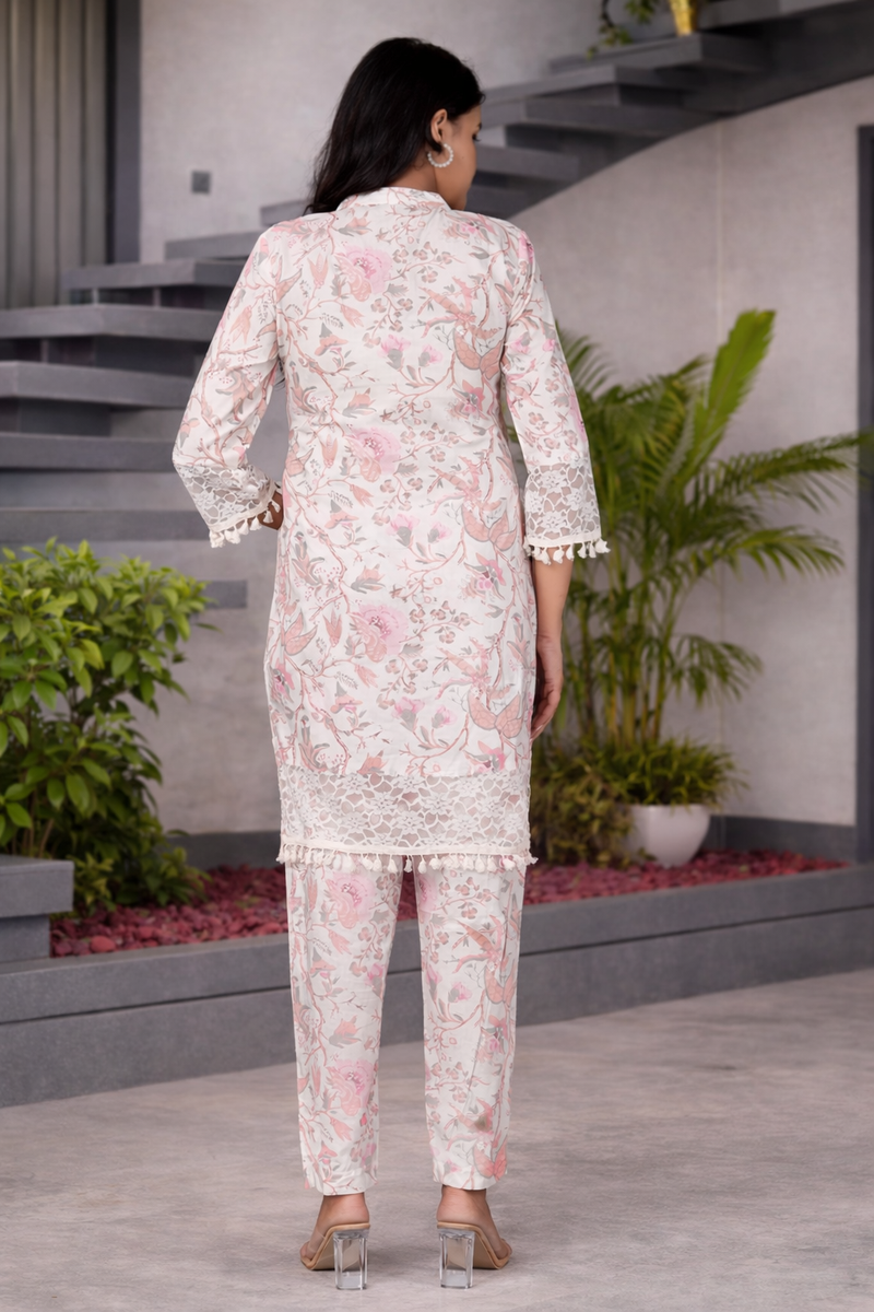 Miramaar Women's Off White Cotton Mandarin Collar Printed Coord Set