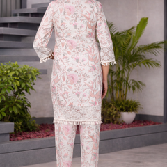 Miramaar Women's Off White Cotton Mandarin Collar Printed Coord Set