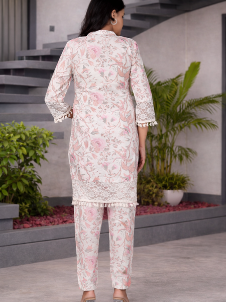 Miramaar Women's Off White Cotton Mandarin Collar Printed Coord Set