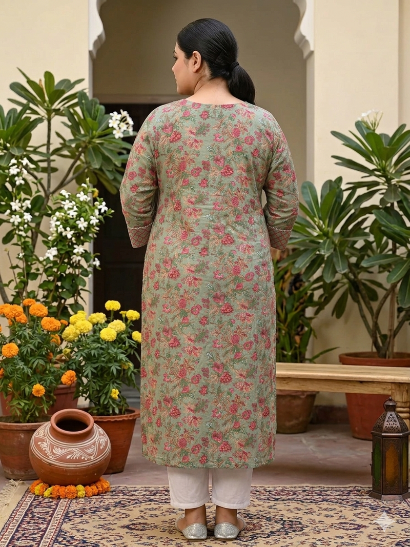 Miramaar Women's Green Printed Cotton Kurti