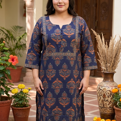 Miramaar Women's Blue Printed Cotton Straight Kurti