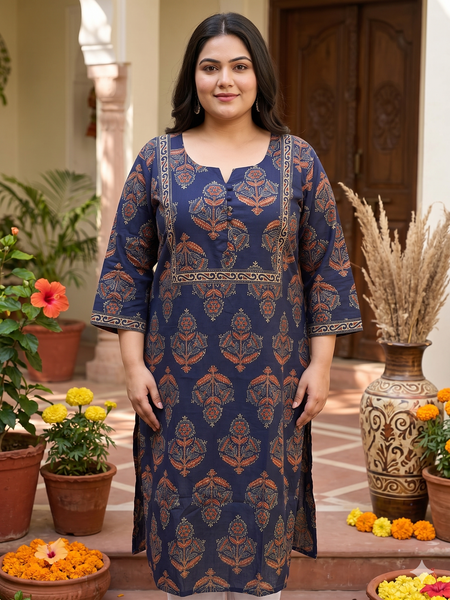 Miramaar Women's Blue Printed Cotton Straight Kurti