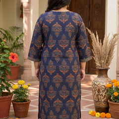 Miramaar Women's Blue Printed Cotton Straight Kurti