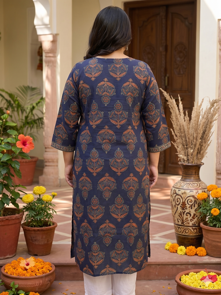 Miramaar Women's Blue Printed Cotton Straight Kurti