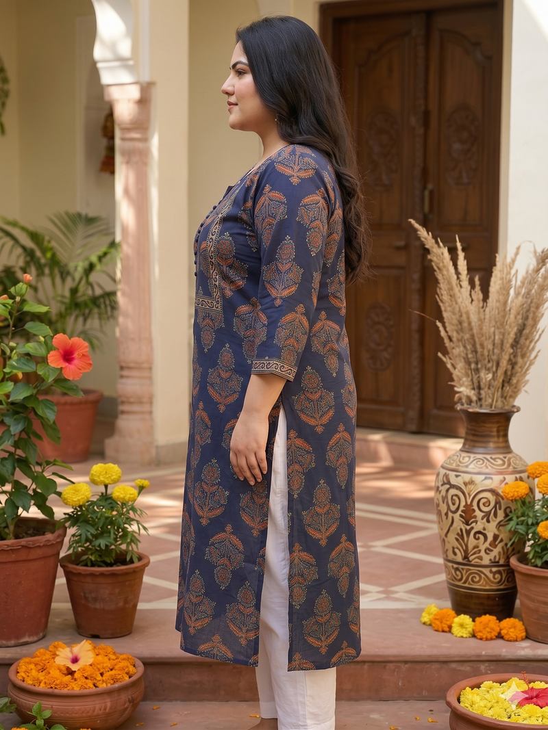 Miramaar Women's Blue Printed Cotton Straight Kurti