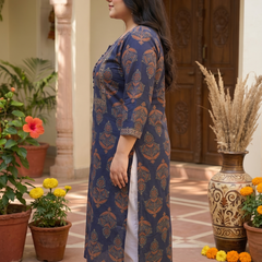 Miramaar Women's Blue Printed Cotton Straight Kurti