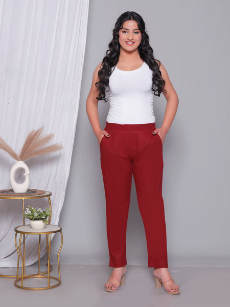Miramaar Women's Maroon Cotton Straight Pants