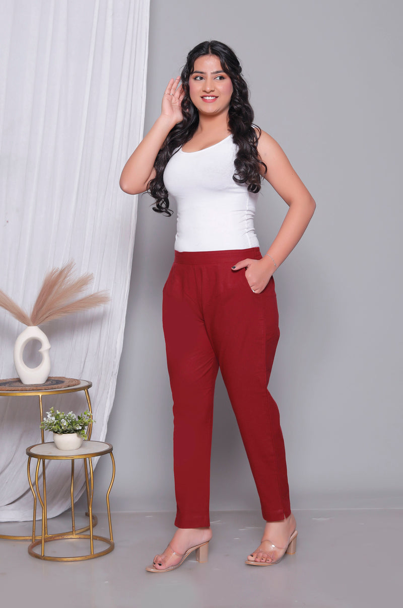 Miramaar Women's Maroon Cotton Straight Pants