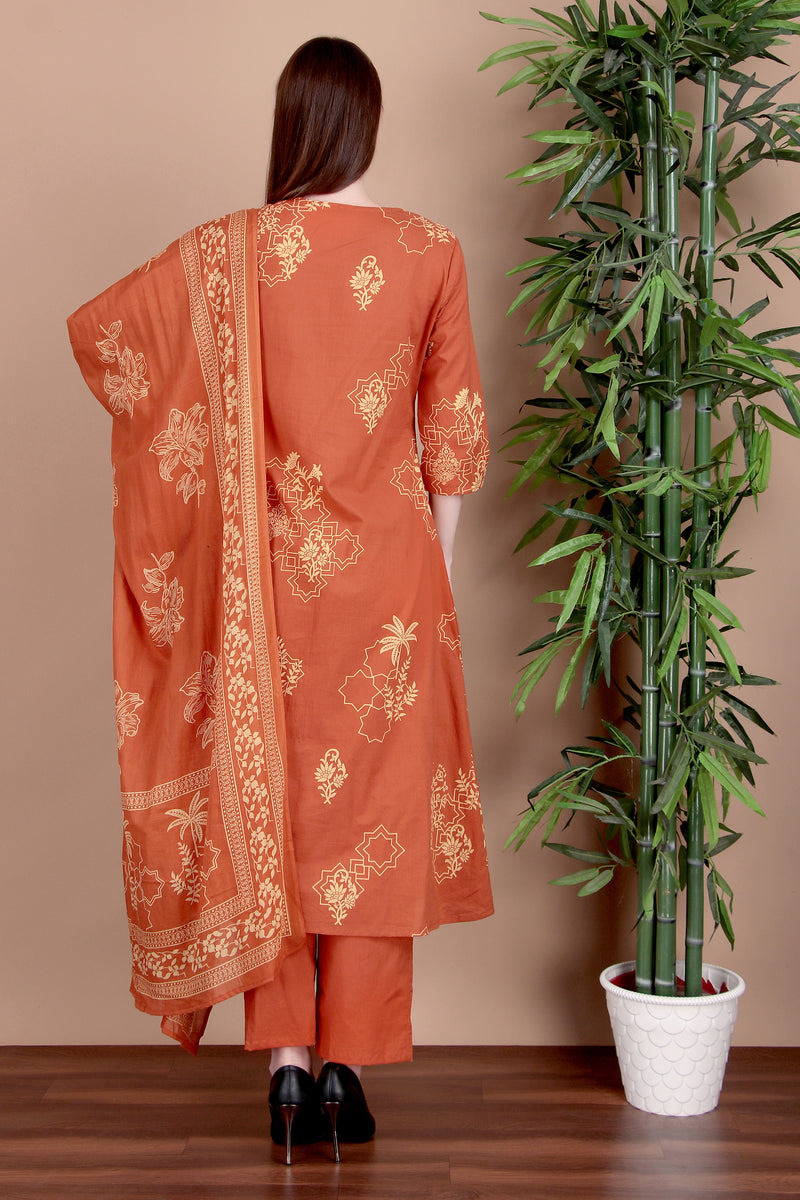 Miramaar Women's Cotton Printed Rust Hand Work Kurta Pant with Dupatta
