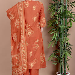 Miramaar Women's Cotton Printed Rust Hand Work Kurta Pant with Dupatta