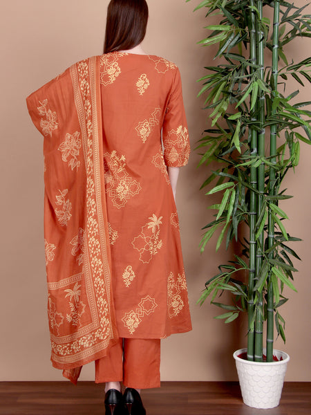 Miramaar Women's Cotton Printed Rust Hand Work Kurta Pant with Dupatta