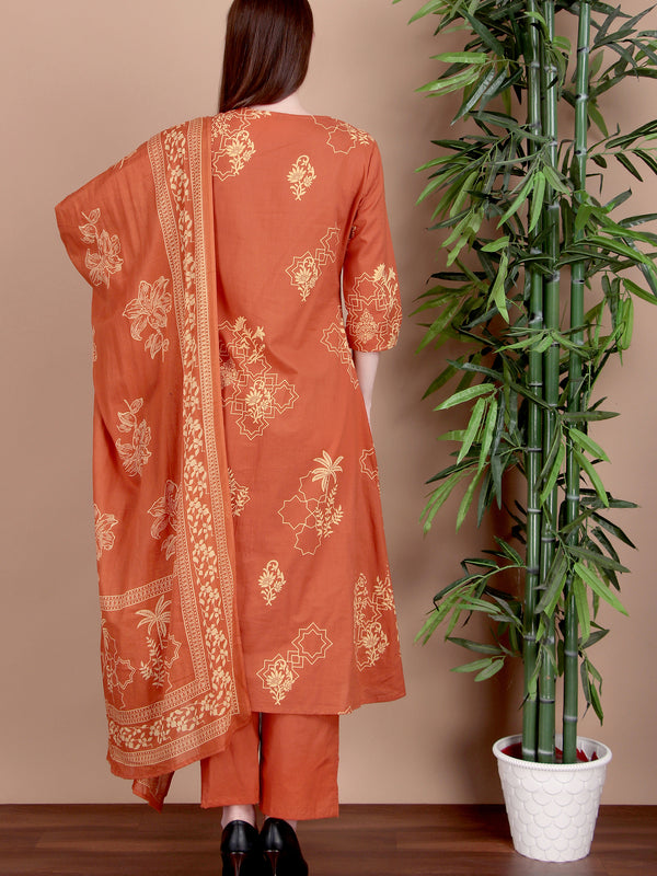 Miramaar Women's Cotton Printed Rust Hand Work Kurta Pant with Dupatta