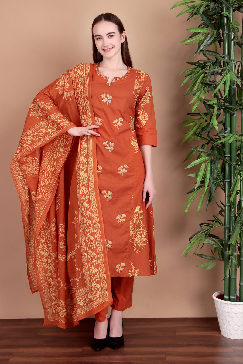 Miramaar Women's Cotton Printed Rust Hand Work Kurta Pant with Dupatta